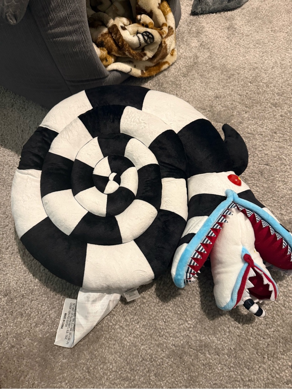 Beetle juice Black & White Spiral Plush Cushion with Blue-Trimmed Mouth